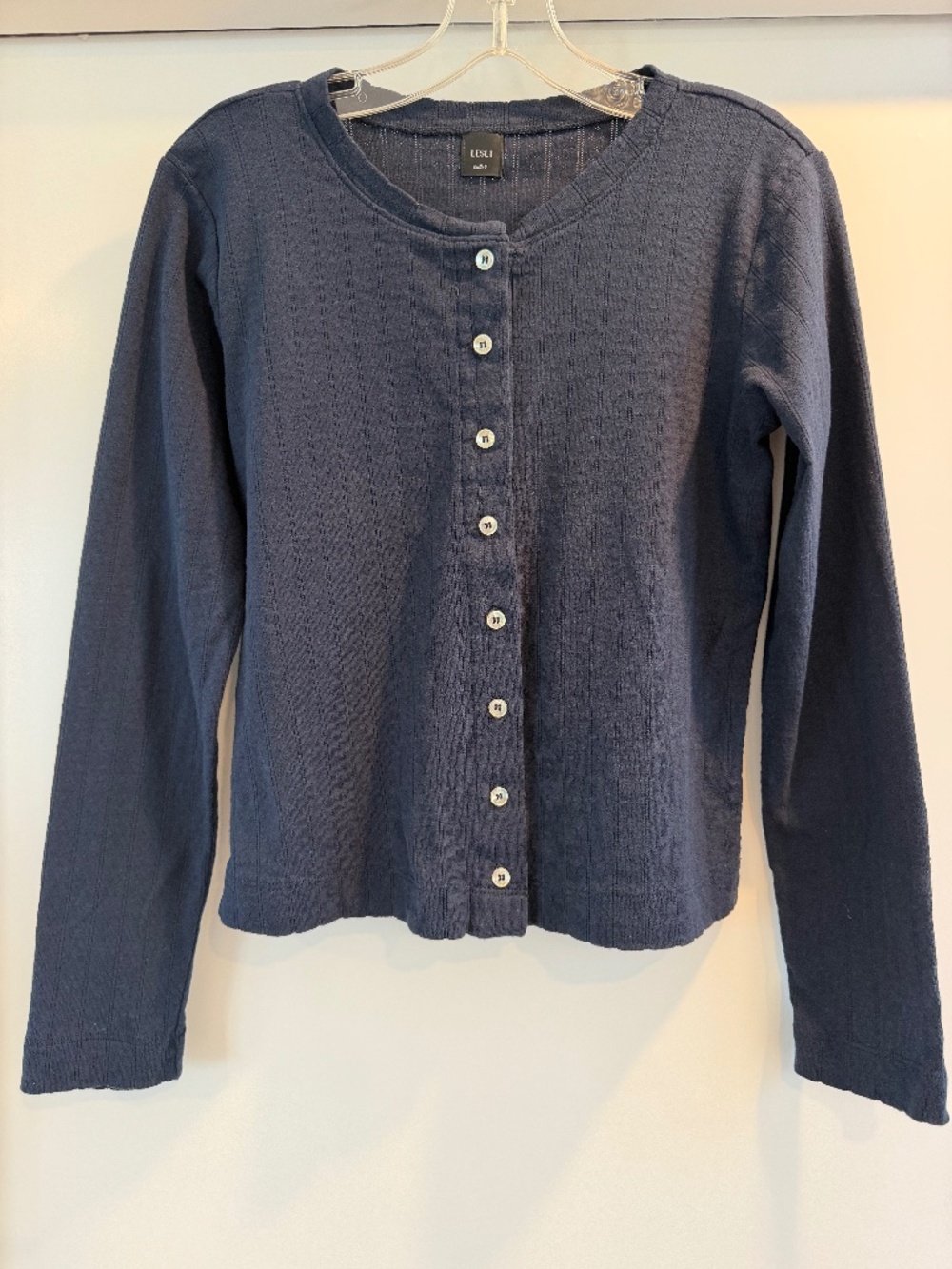 LESET Pointelle Classic Cardigan, Navy, S